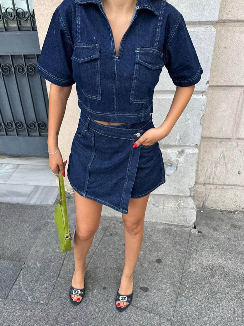 Zephara - Denim Cropped-Top &amp; Nederdel todelt sæt