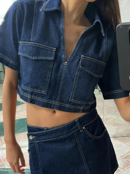 Zephara - Denim Cropped-Top &amp; Nederdel todelt sæt