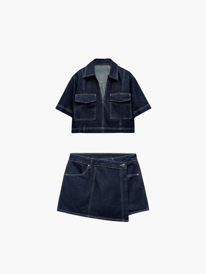 Zephara - Denim Cropped-Top &amp; Nederdel todelt sæt