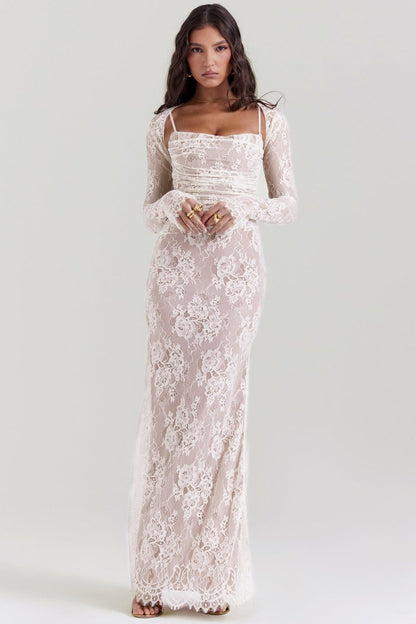 Seliora - Skulder-On Floral Lace Maxi Kjole